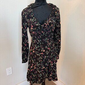 Maje Floral Ruffle Wrap Dress Black Long Sleeve Tie Waist Mini Dress Size 1